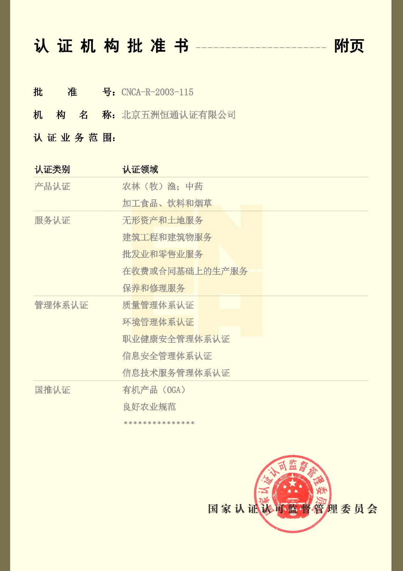 認(rèn)證機(jī)構(gòu)批準(zhǔn)書附件
